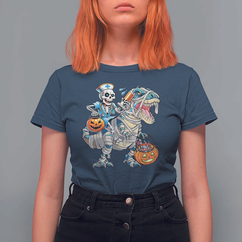 Funny Halloween Nurse T Shirt For Women Skeleton Nurse Riding Mummy Dinosaur Pumpkin Candy TS11 Navy Print Your Wear