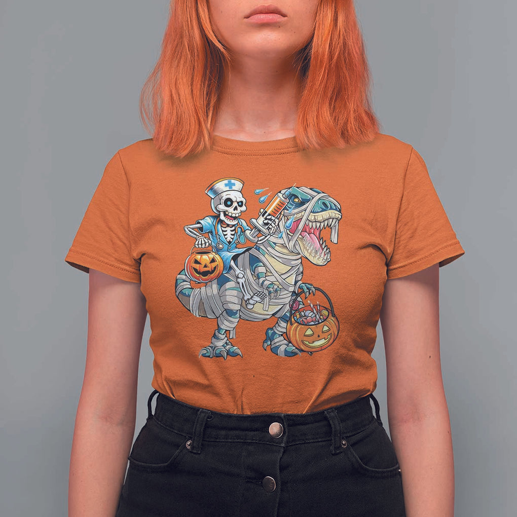 Funny Halloween Nurse T Shirt For Women Skeleton Nurse Riding Mummy Dinosaur Pumpkin Candy TS11 Orange Print Your Wear