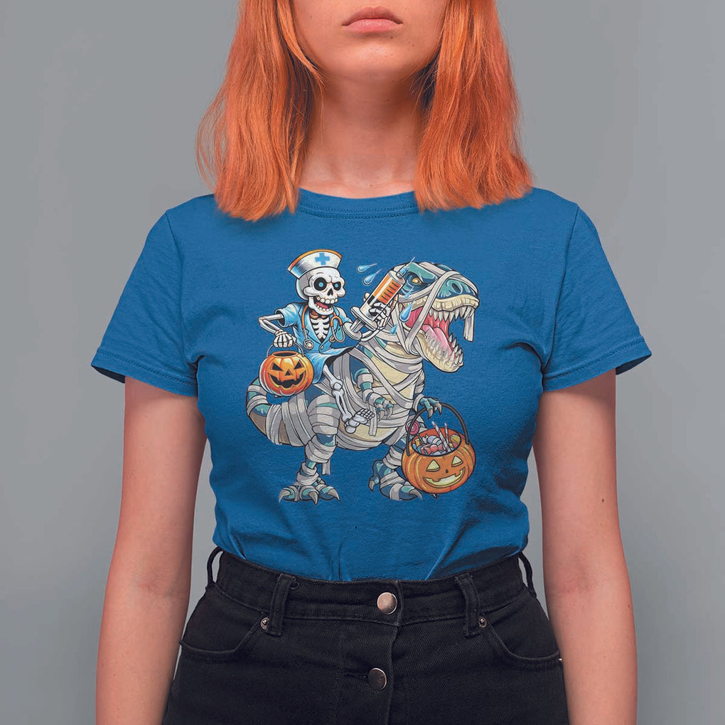 Funny Halloween Nurse T Shirt For Women Skeleton Nurse Riding Mummy Dinosaur Pumpkin Candy TS11 Royal Blue Print Your Wear
