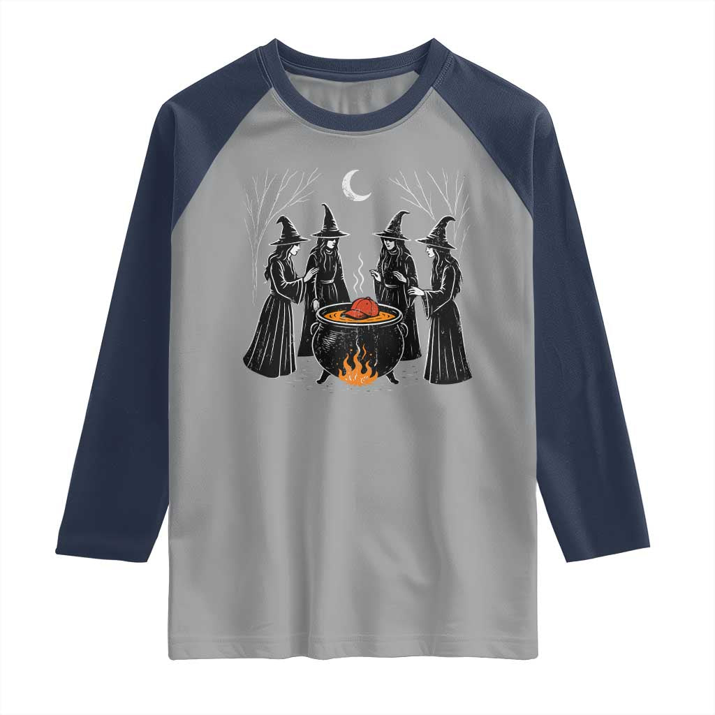 Funny Halloween Witch Spooky Season Orange Cauldron Raglan Shirt TS11 Sport Gray Navy Print Your Wear