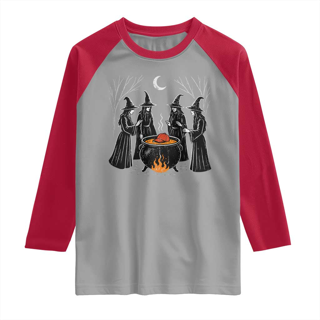 Funny Halloween Witch Spooky Season Orange Cauldron Raglan Shirt TS11 Sport Gray Red Print Your Wear