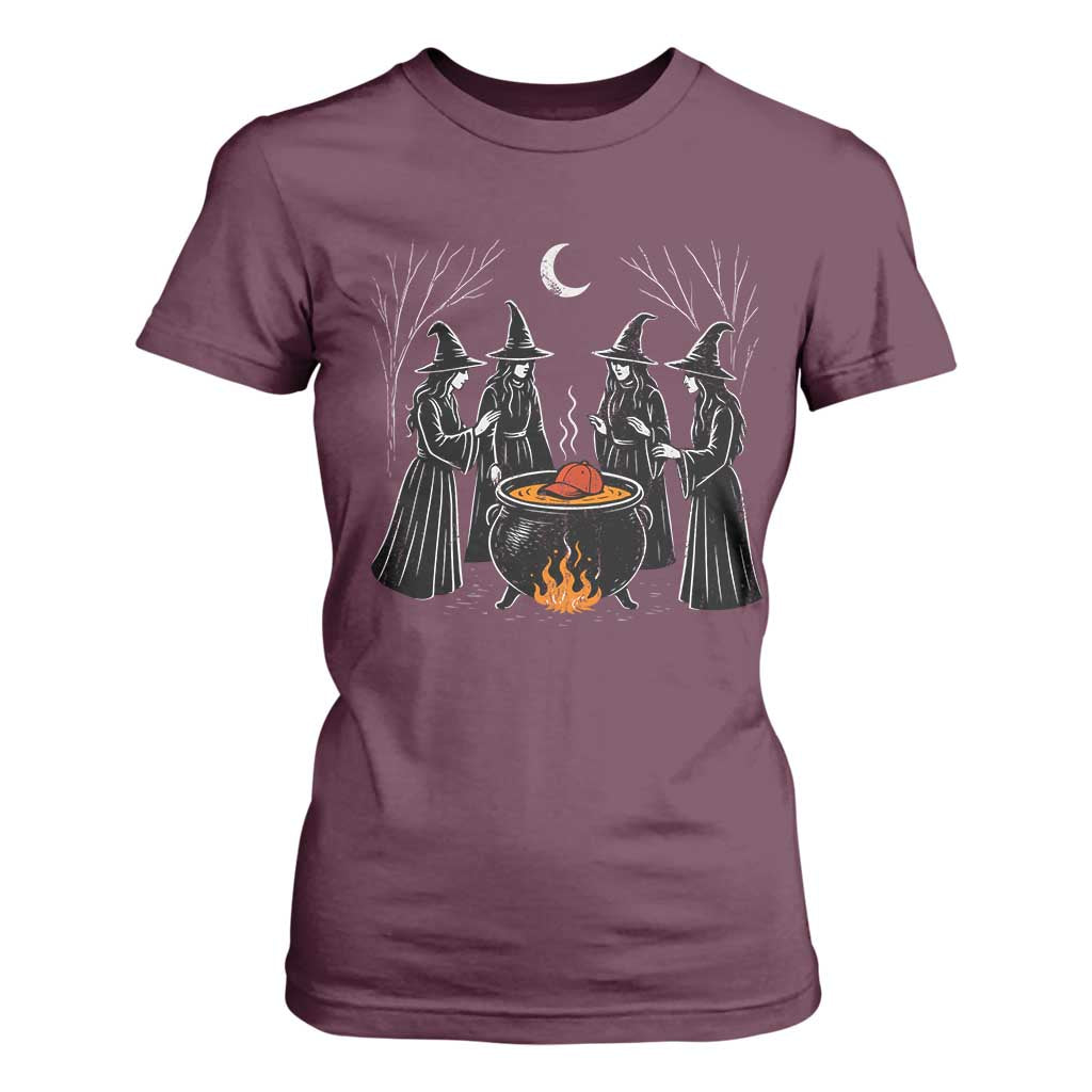 Funny Halloween Witch Spooky Season Orange Cauldron T Shirt For Women TS11 Maroon Print Your Wear