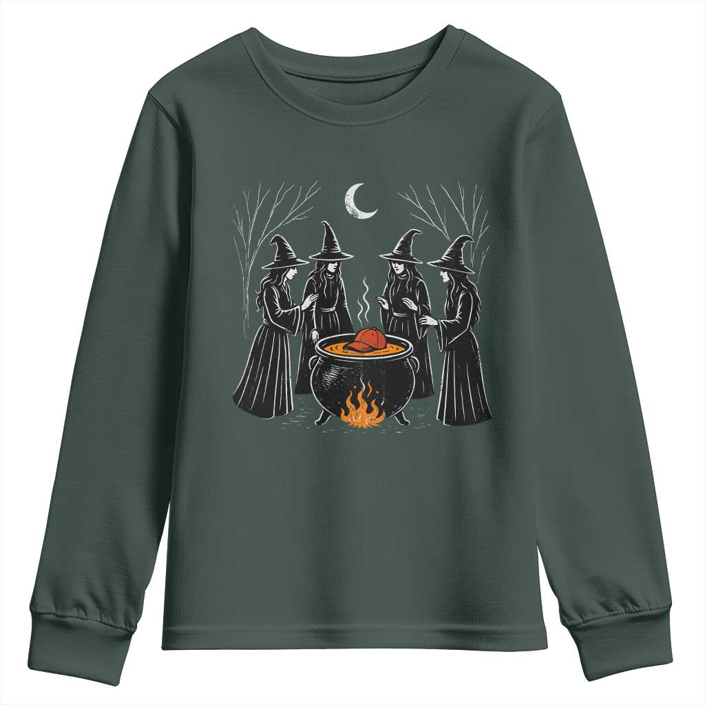 Funny Halloween Witch Spooky Season Orange Cauldron Youth Sweatshirt TS11 Dark Forest Green Print Your Wear