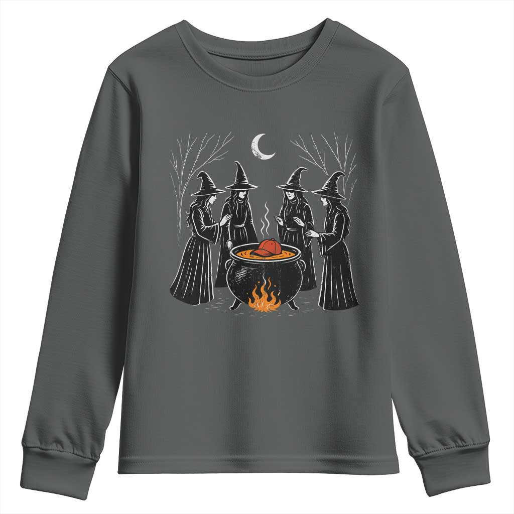 Funny Halloween Witch Spooky Season Orange Cauldron Youth Sweatshirt TS11 Dark Heather Print Your Wear