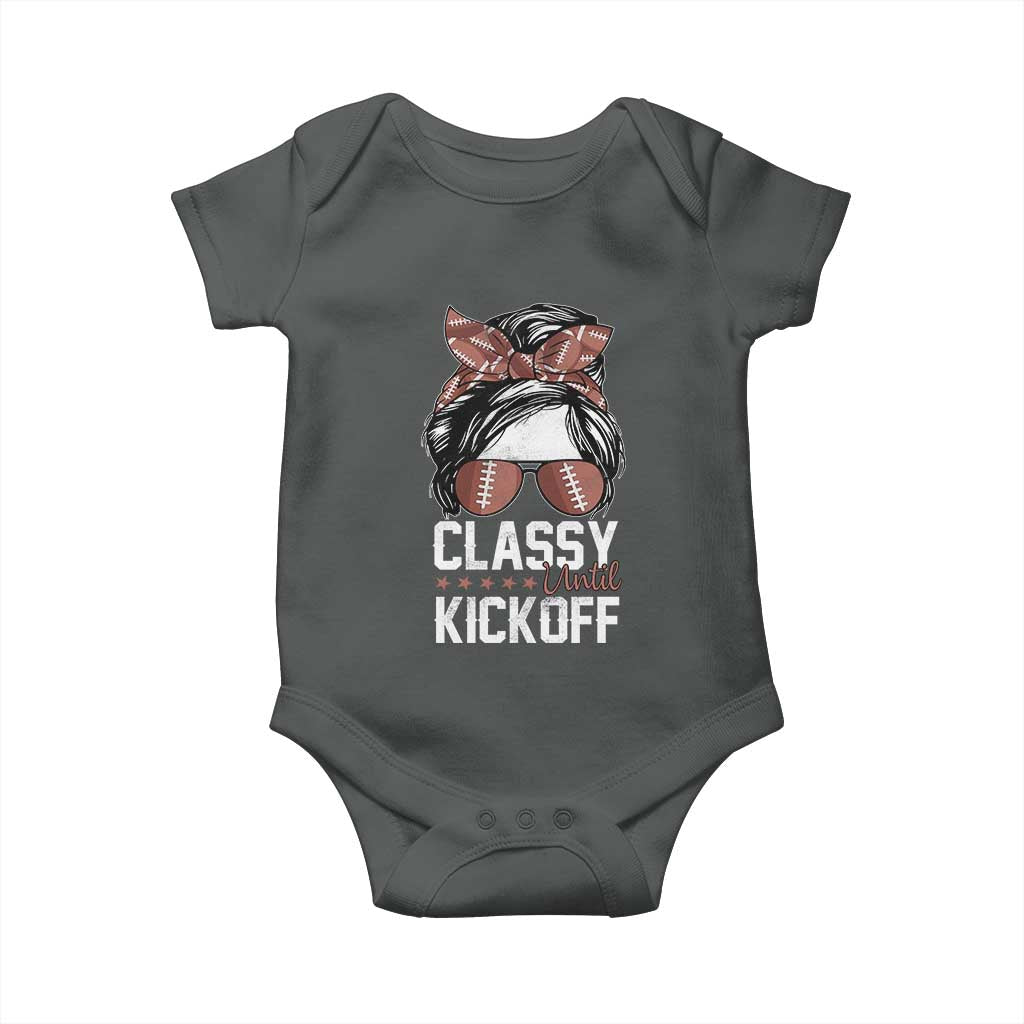 Funny Classy Until Kickoff Baby Onesie American Football Game Day Messy Bun TS11 Dark Heather Print Your Wear