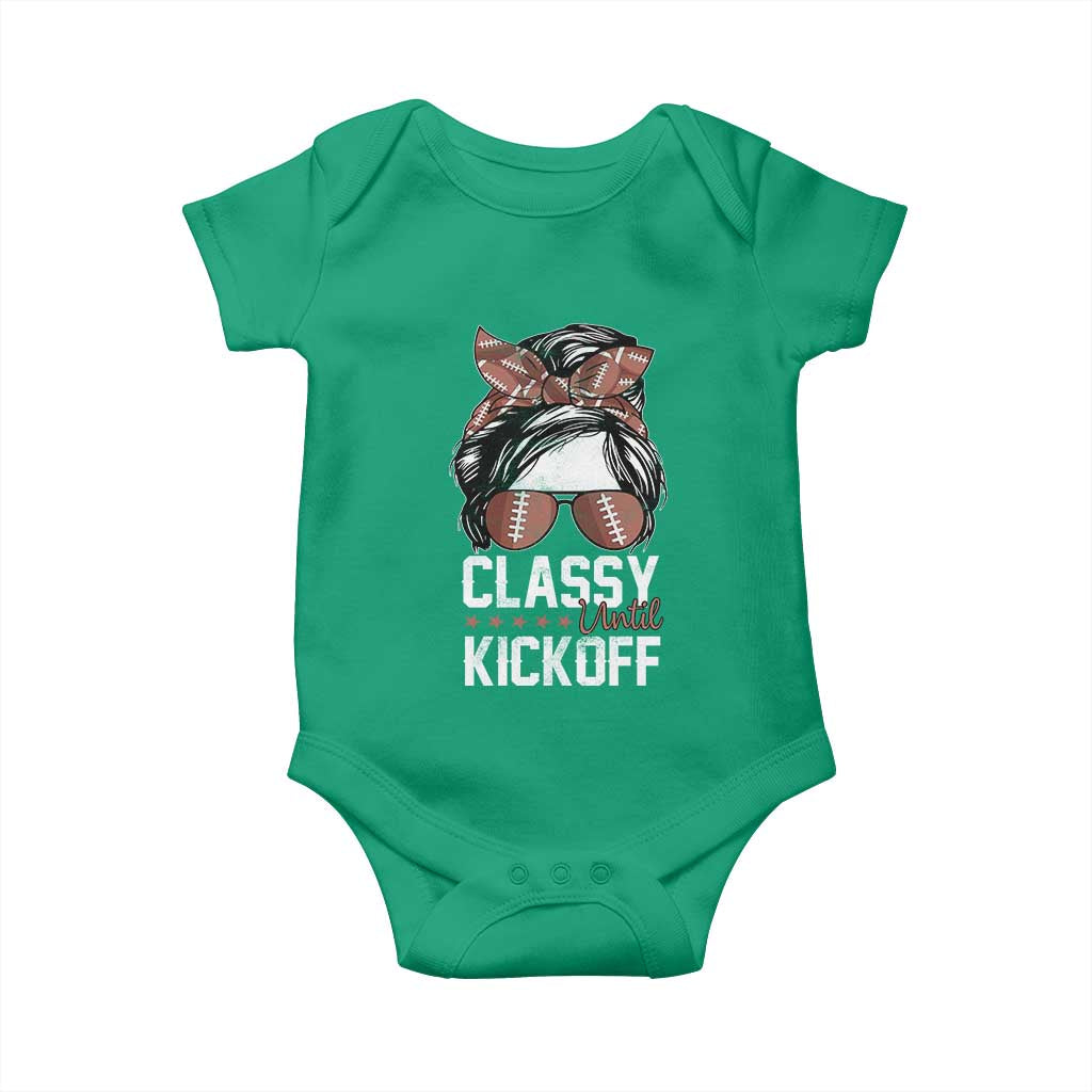 Funny Classy Until Kickoff Baby Onesie American Football Game Day Messy Bun TS11 Irish Green Print Your Wear