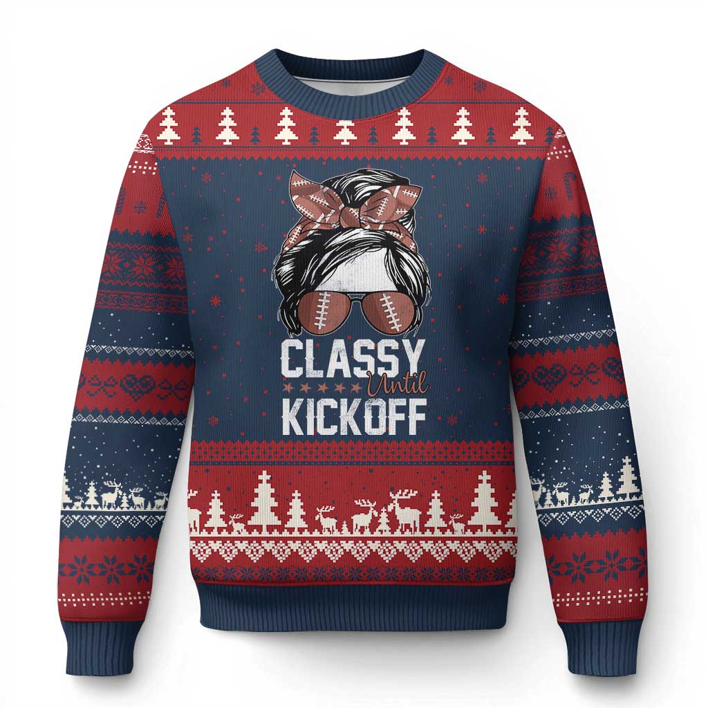 Funny Classy Until Kickoff Ugly Christmas Sweater American Football Game Day Messy Bun TS11 Navy Red Print Your Wear