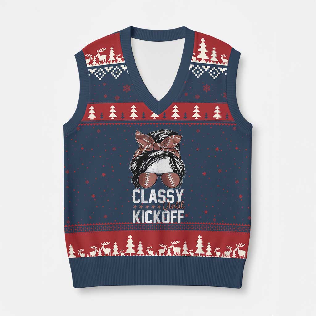 Funny Classy Until Kickoff V-Neck Knit Sweater Vest American Football Game Day Messy Bun TS11 Navy Red Print Your Wear
