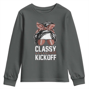 Funny Classy Until Kickoff Youth Sweatshirt American Football Game Day Messy Bun TS11 Dark Heather Print Your Wear