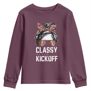 Funny Classy Until Kickoff Youth Sweatshirt American Football Game Day Messy Bun TS11 Maroon Print Your Wear