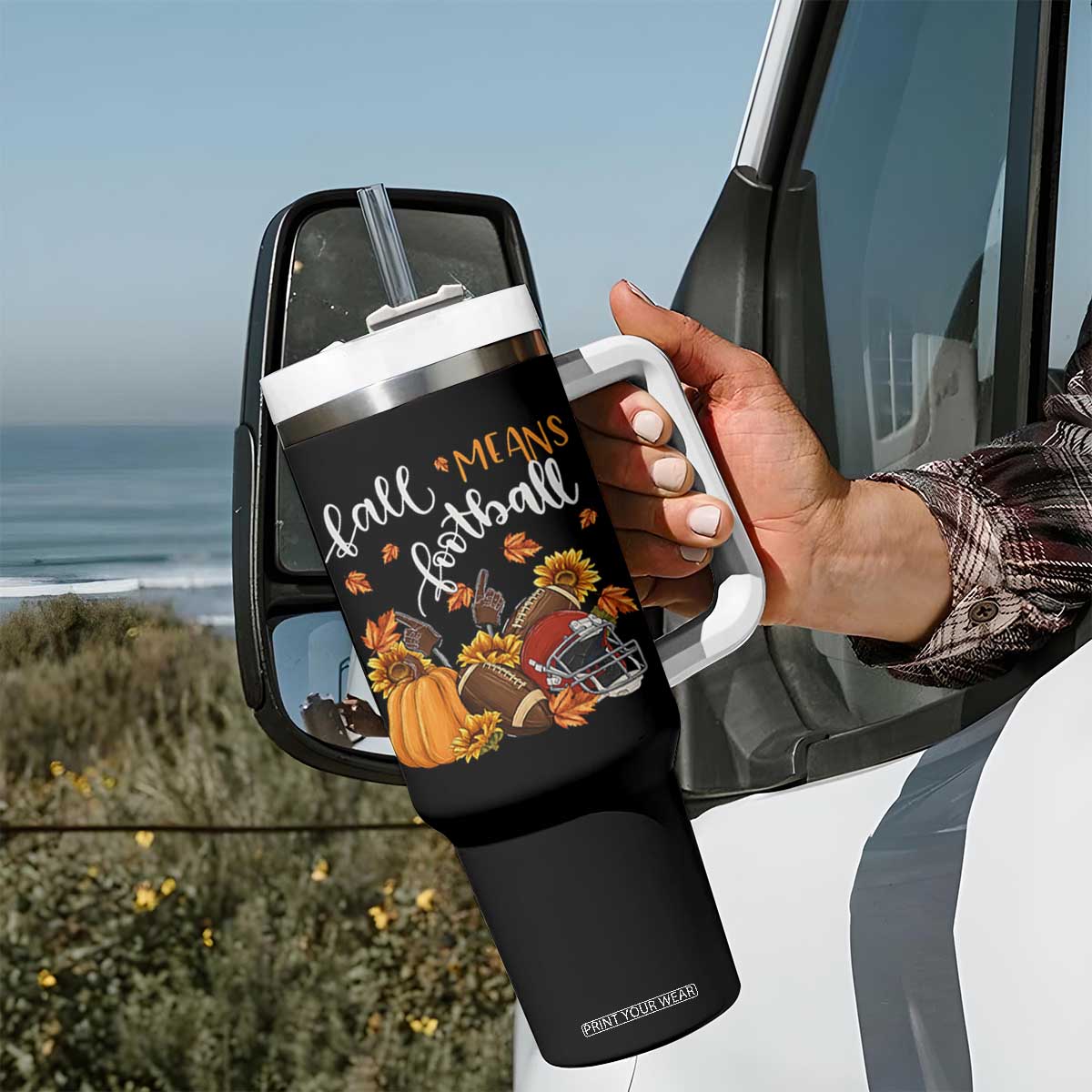 Fall Means Football Tumbler With Handle Fall Season American Football Thanksgiving TS11 Print Your Wear