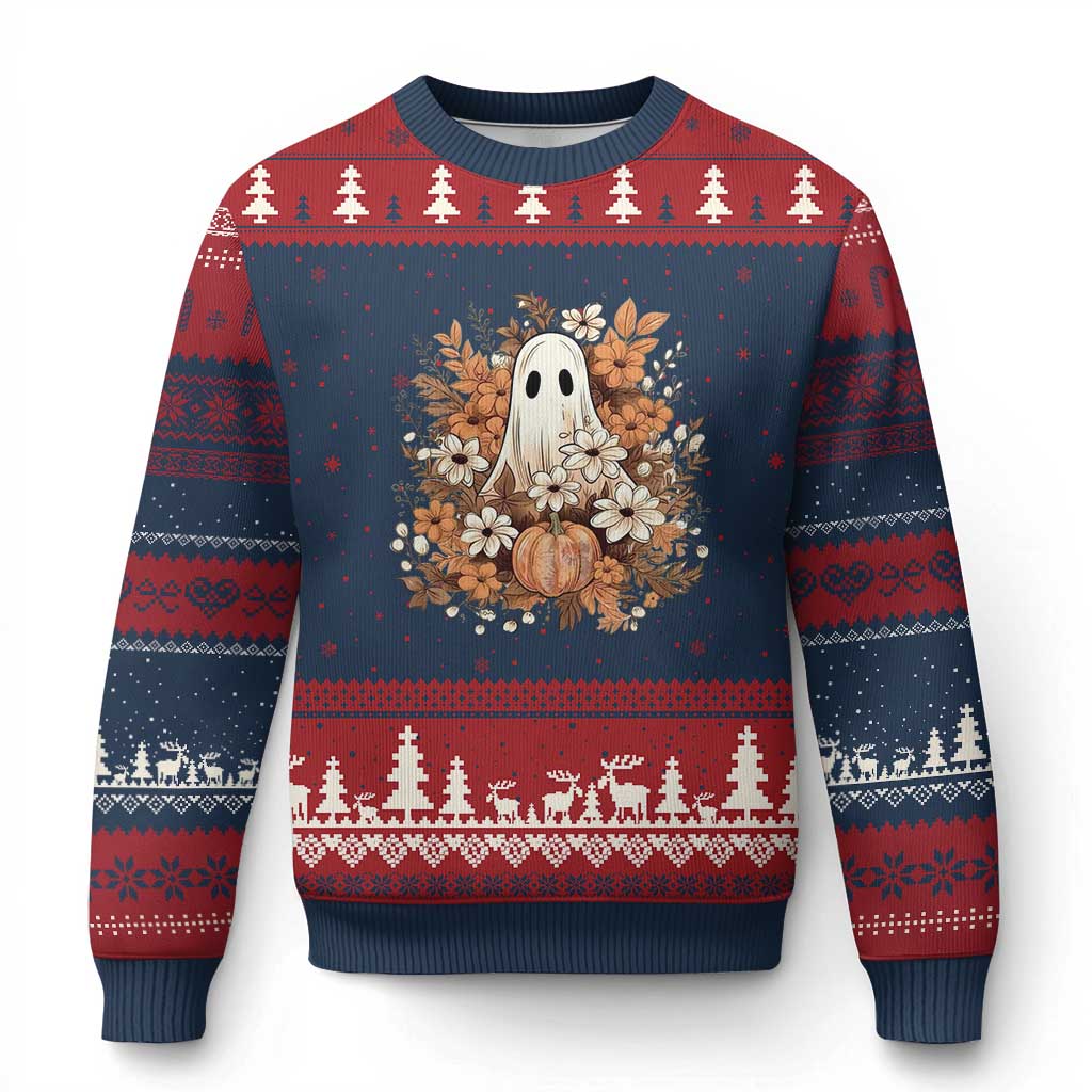 Halloween Ghost Ugly Christmas Sweater Vintage Floral Pumpkin Glitter Print TS11 Navy Red Print Your Wear