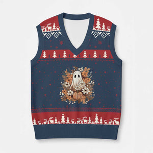 Halloween Ghost V-Neck Knit Sweater Vest Vintage Floral Pumpkin Glitter Print TS11 Navy Red Print Your Wear