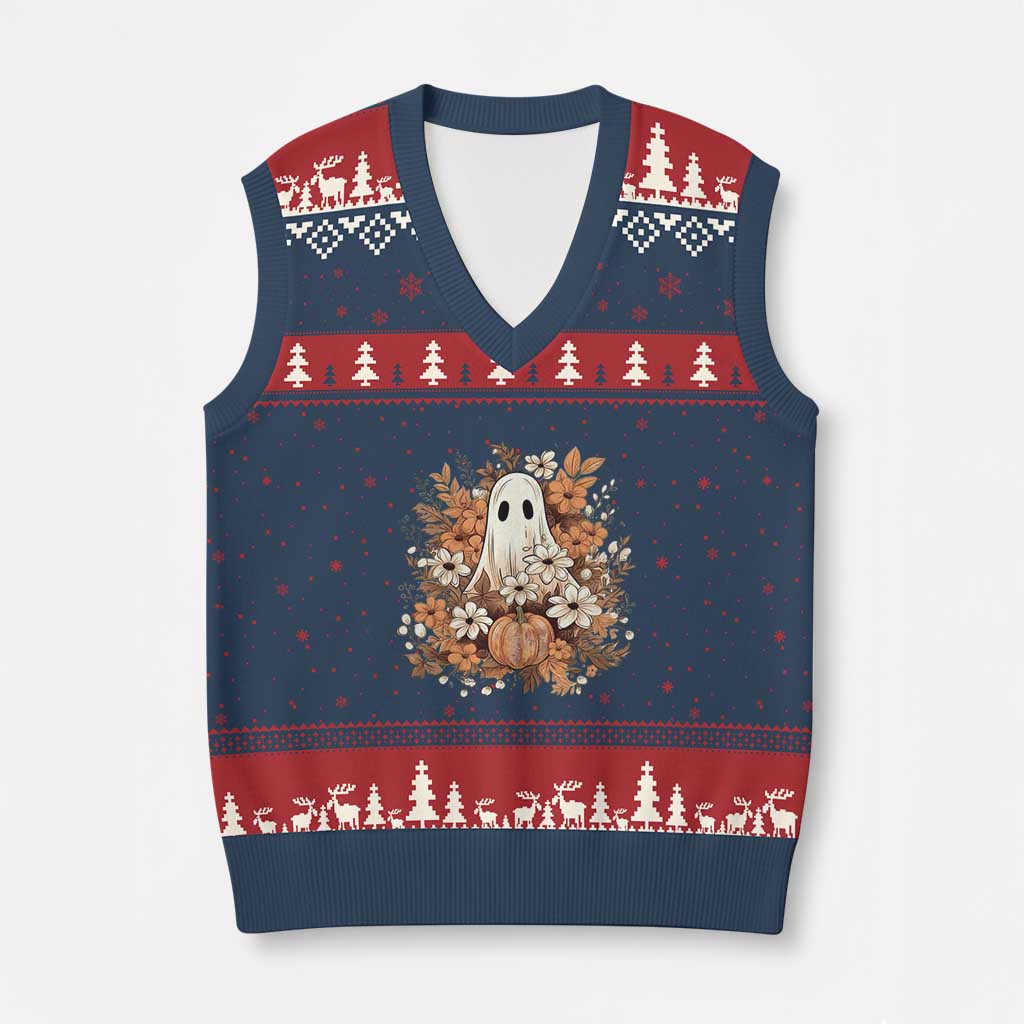 Halloween Ghost V-Neck Knit Sweater Vest Vintage Floral Pumpkin Glitter Print TS11 Navy Red Print Your Wear