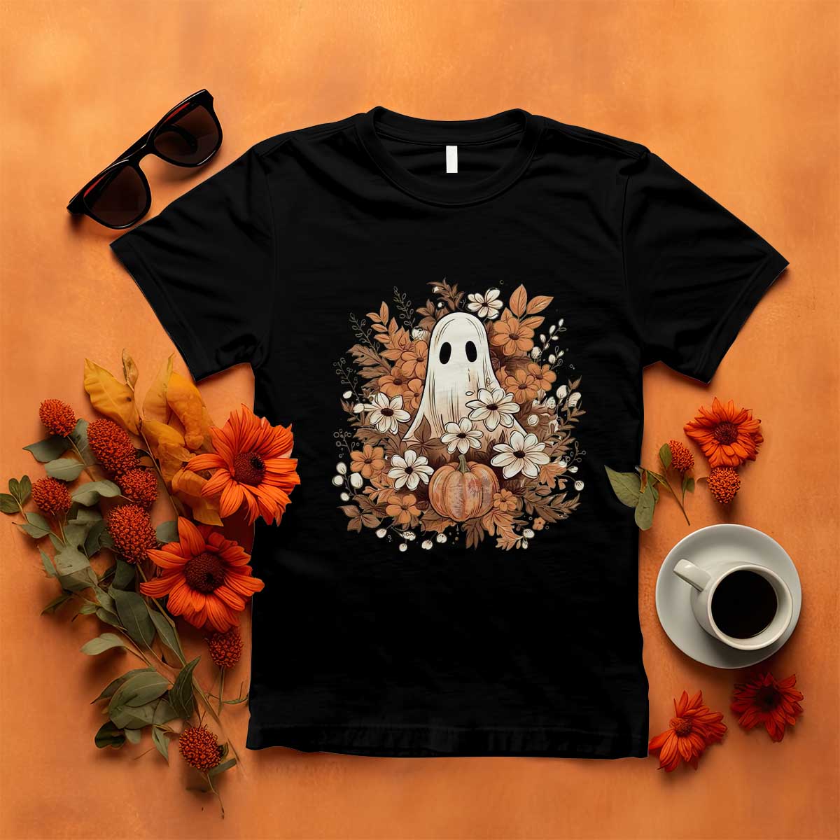 Halloween Ghost T Shirt Vintage Floral Pumpkin Glitter Print TS11 Black Print Your Wear