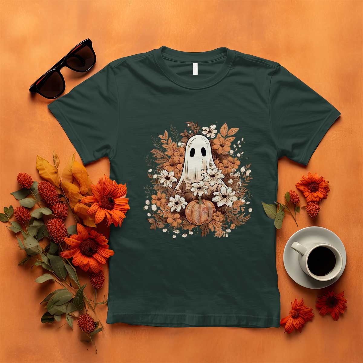 Halloween Ghost T Shirt Vintage Floral Pumpkin Glitter Print TS11 Dark Forest Green Print Your Wear