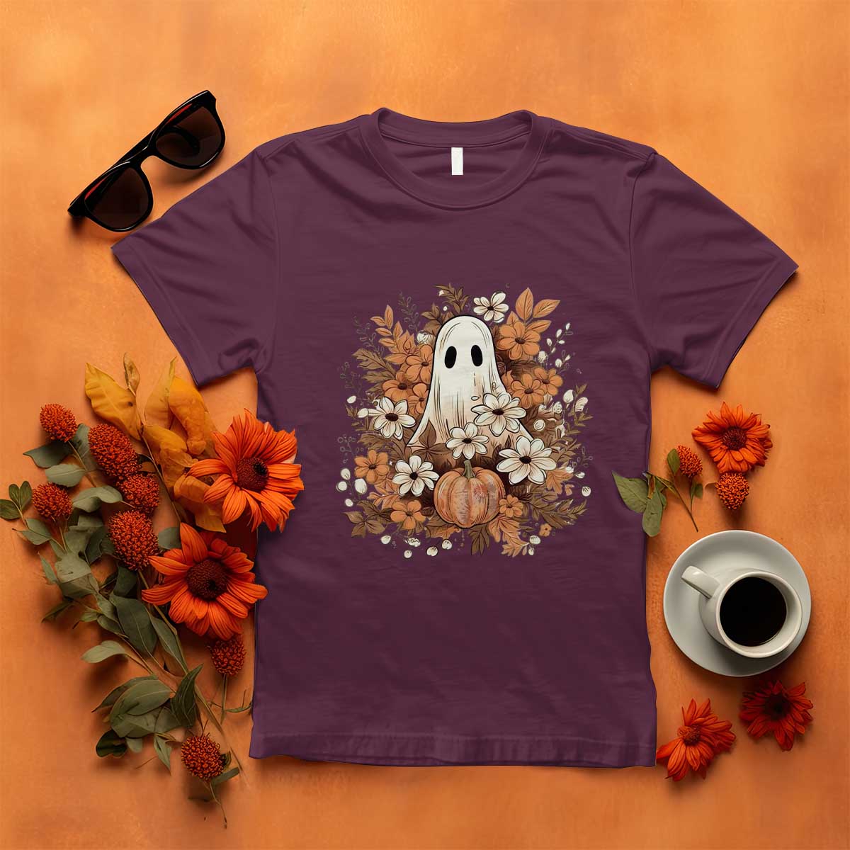 Halloween Ghost T Shirt Vintage Floral Pumpkin Glitter Print TS11 Maroon Print Your Wear