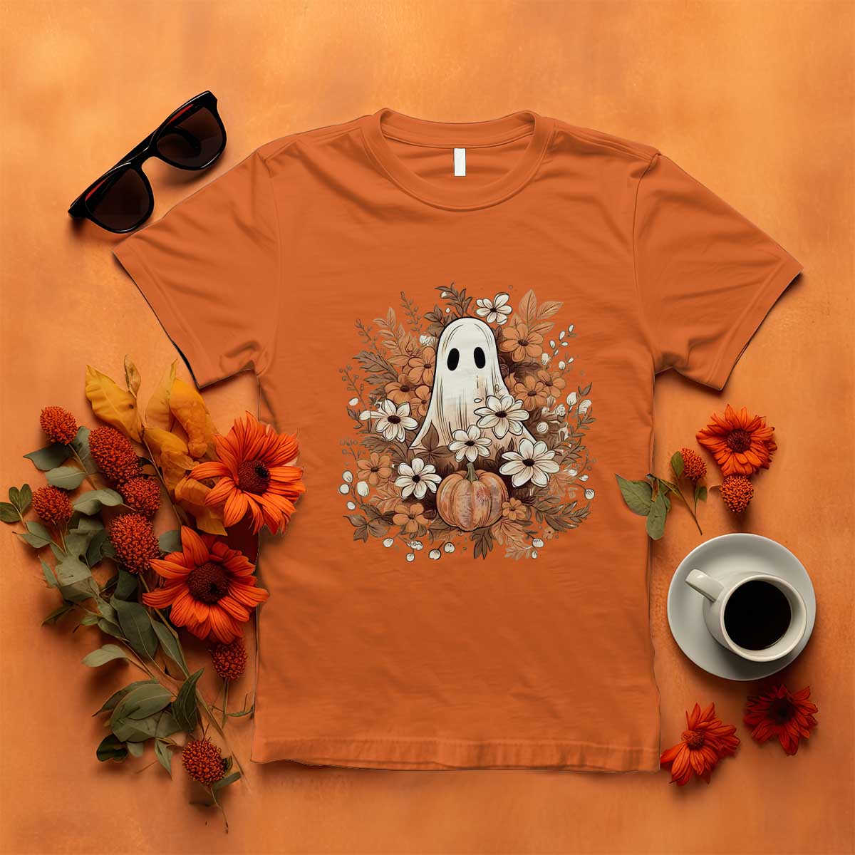 Halloween Ghost T Shirt Vintage Floral Pumpkin Glitter Print TS11 Orange Print Your Wear