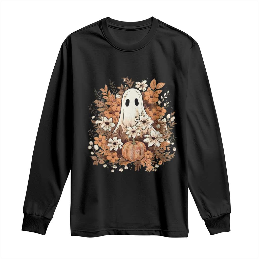 Halloween Ghost Long Sleeve Shirt Vintage Floral Pumpkin Glitter Print TS11 Black Print Your Wear