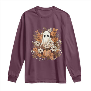 Halloween Ghost Long Sleeve Shirt Vintage Floral Pumpkin Glitter Print TS11 Maroon Print Your Wear