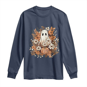 Halloween Ghost Long Sleeve Shirt Vintage Floral Pumpkin Glitter Print TS11 Navy Print Your Wear
