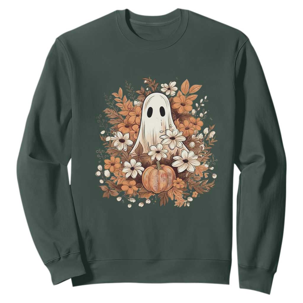 Halloween Ghost Sweatshirt Vintage Floral Pumpkin Glitter Print TS11 Dark Forest Green Print Your Wear
