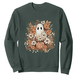 Halloween Ghost Sweatshirt Vintage Floral Pumpkin Glitter Print TS11 Dark Forest Green Print Your Wear