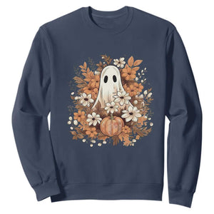 Halloween Ghost Sweatshirt Vintage Floral Pumpkin Glitter Print TS11 Navy Print Your Wear