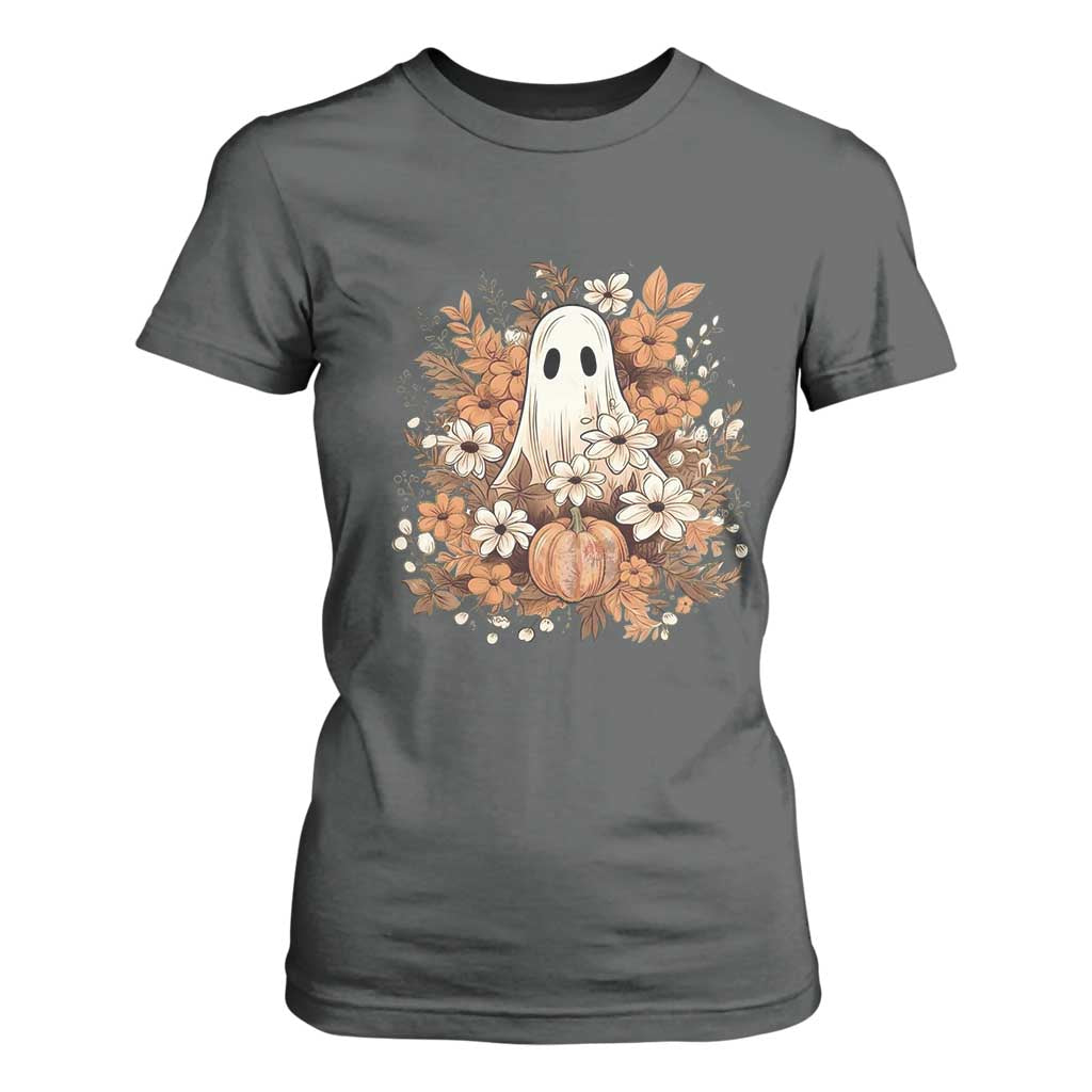Halloween Ghost T Shirt For Women Vintage Floral Pumpkin Glitter Print TS11 Dark Heather Print Your Wear