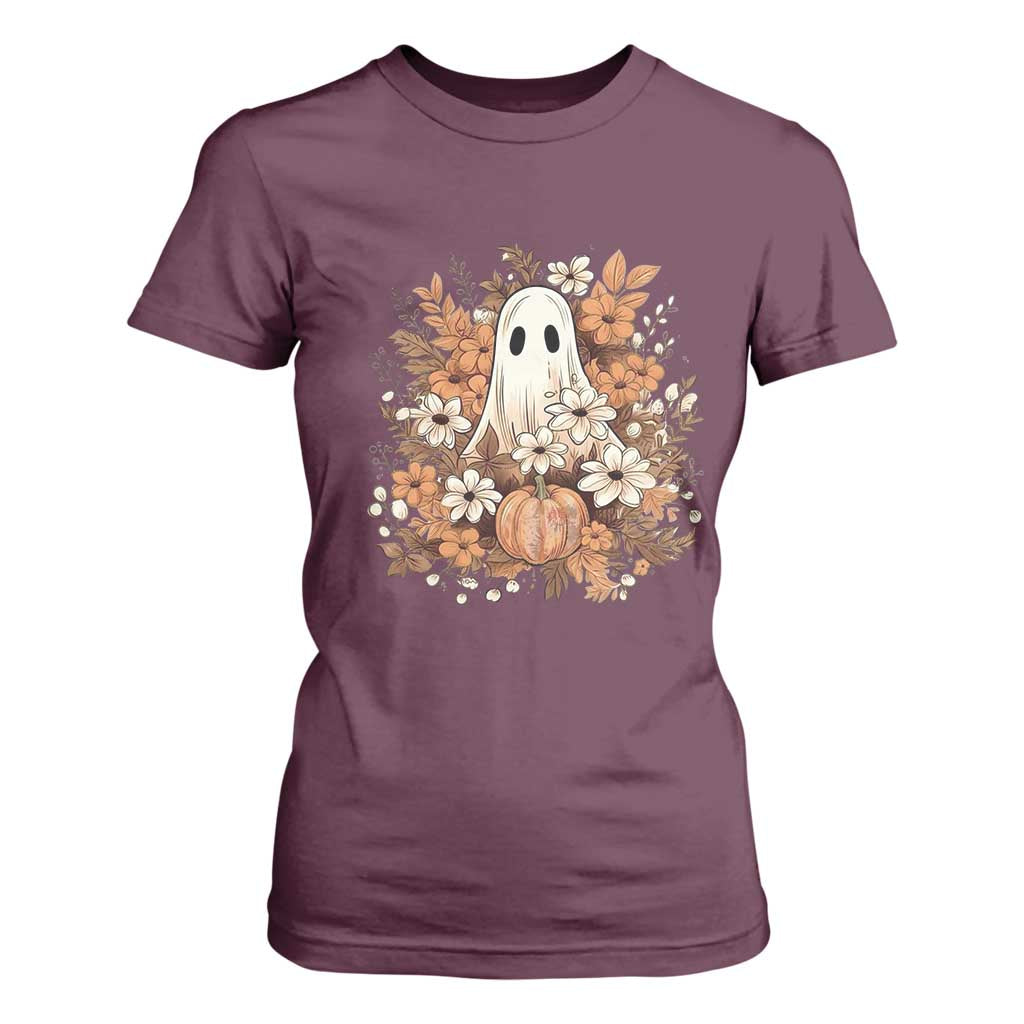 Halloween Ghost T Shirt For Women Vintage Floral Pumpkin Glitter Print TS11 Maroon Print Your Wear