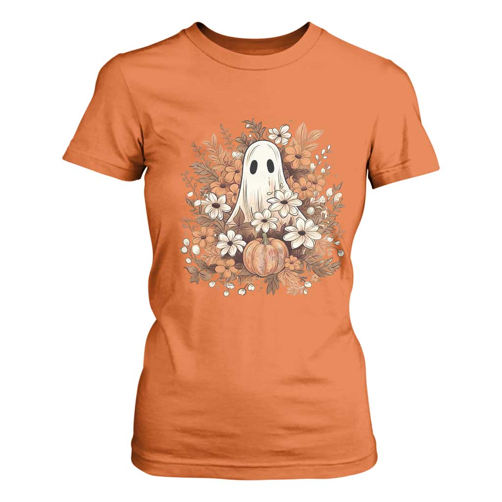 Halloween Ghost T Shirt For Women Vintage Floral Pumpkin Glitter Print TS11 Orange Print Your Wear