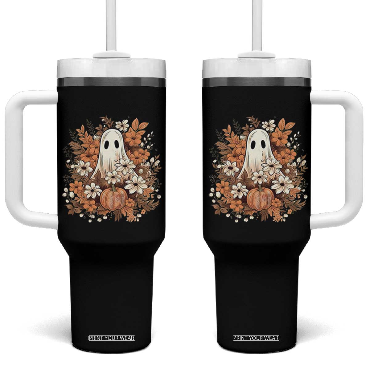 Halloween Ghost Tumbler With Handle Vintage Floral Pumpkin Glitter Print TS11 One Size: 40 oz Black Print Your Wear