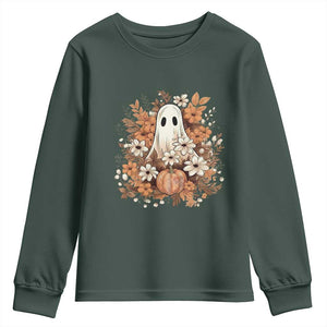 Halloween Ghost Youth Sweatshirt Vintage Floral Pumpkin Glitter Print TS11 Dark Forest Green Print Your Wear