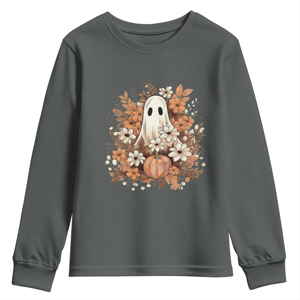 Halloween Ghost Youth Sweatshirt Vintage Floral Pumpkin Glitter Print TS11 Dark Heather Print Your Wear