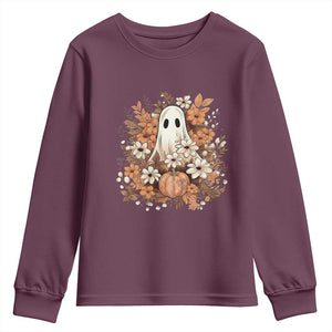 Halloween Ghost Youth Sweatshirt Vintage Floral Pumpkin Glitter Print TS11 Maroon Print Your Wear
