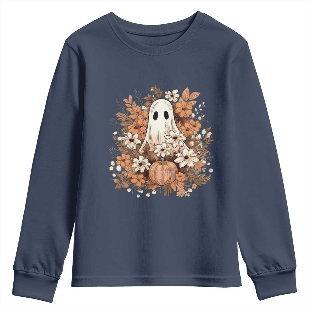 Halloween Ghost Youth Sweatshirt Vintage Floral Pumpkin Glitter Print TS11 Navy Print Your Wear