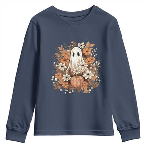 Halloween Ghost Youth Sweatshirt Vintage Floral Pumpkin Glitter Print TS11 Navy Print Your Wear