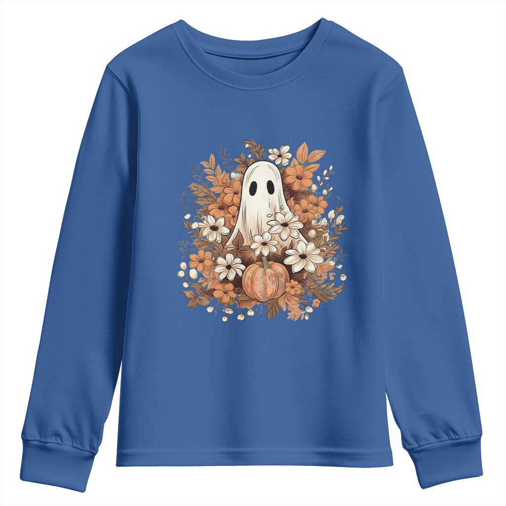 Halloween Ghost Youth Sweatshirt Vintage Floral Pumpkin Glitter Print TS11 Royal Blue Print Your Wear