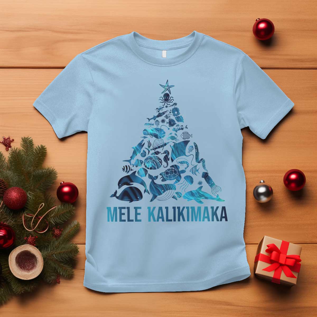 Christmas In Hawaii T Shirt Mele Kalikimala Sea Animals Xmas Tree TS11 Light Blue Print Your Wear