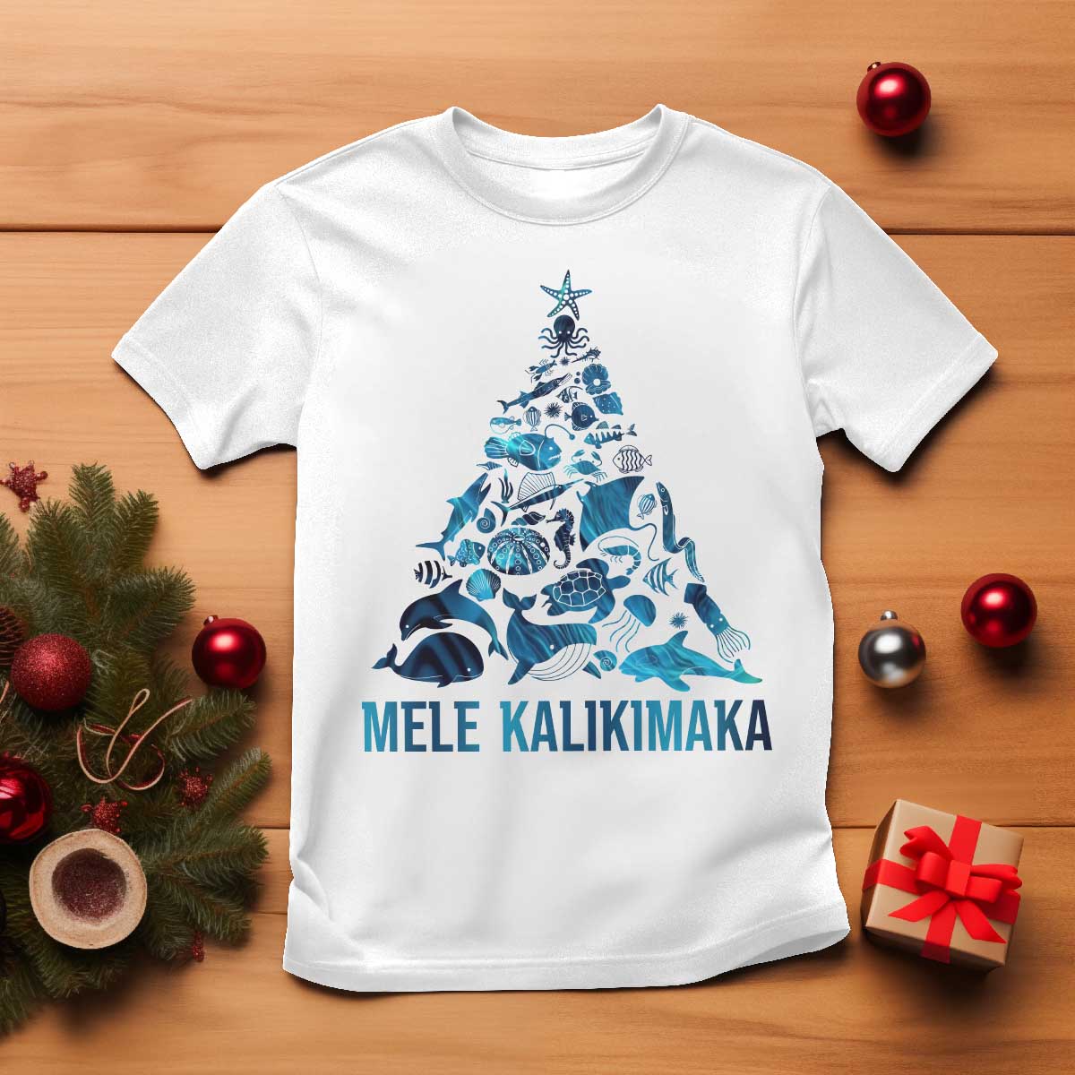 Christmas In Hawaii T Shirt Mele Kalikimala Sea Animals Xmas Tree TS11 White Print Your Wear