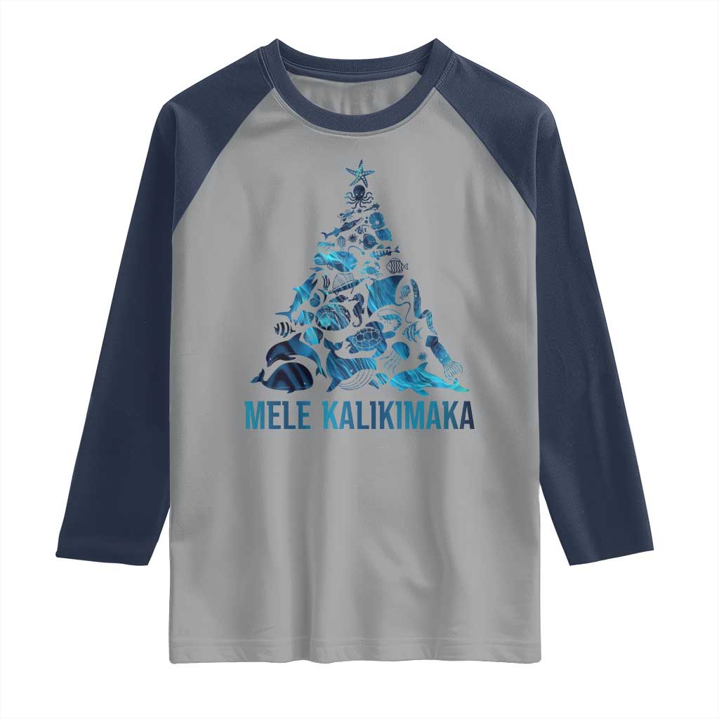 Christmas In Hawaii Raglan Shirt Mele Kalikimala Sea Animals Xmas Tree TS11 Sport Gray Navy Print Your Wear