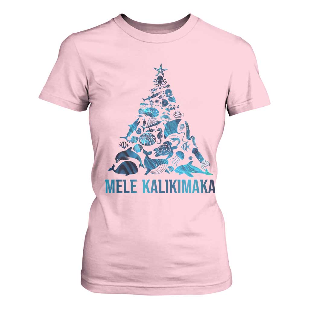 Christmas In Hawaii T Shirt For Women Mele Kalikimala Sea Animals Xmas Tree TS11 Light Pink Print Your Wear
