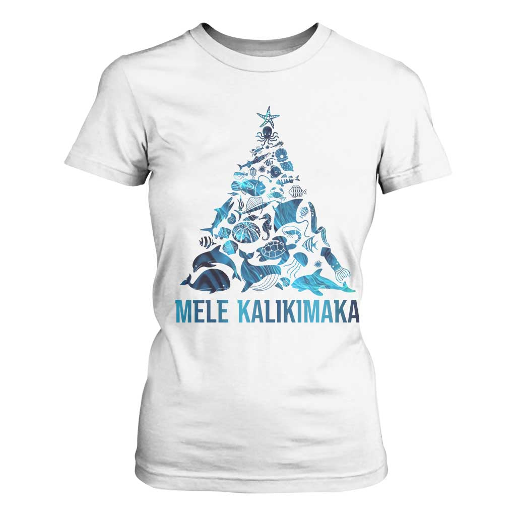 Christmas In Hawaii T Shirt For Women Mele Kalikimala Sea Animals Xmas Tree TS11 White Print Your Wear