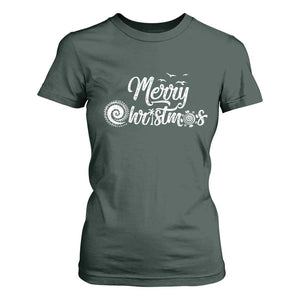 Christmas In Hawaii T Shirt For Women Merry Christmas Hawaiian Symbols TS11 Dark Forest Green Print Your Wear