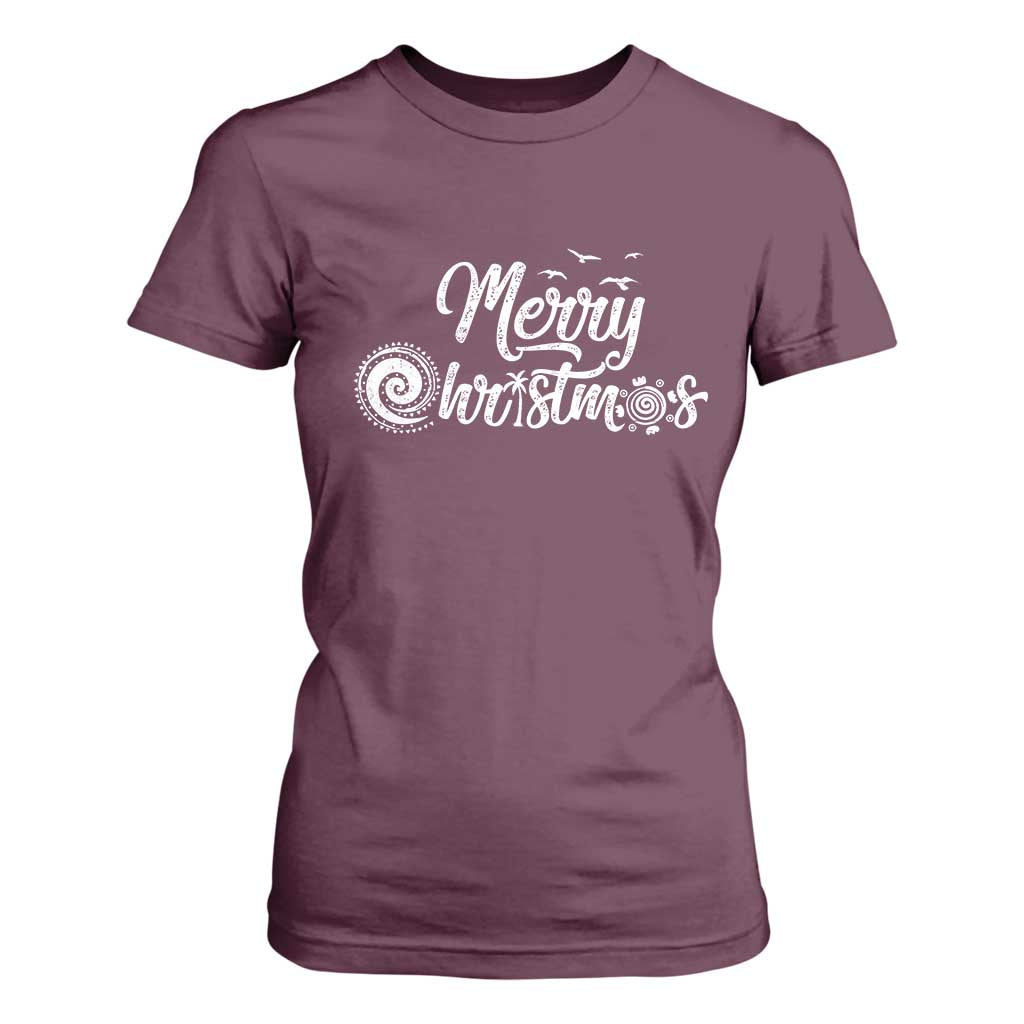 Christmas In Hawaii T Shirt For Women Merry Christmas Hawaiian Symbols TS11 Maroon Print Your Wear
