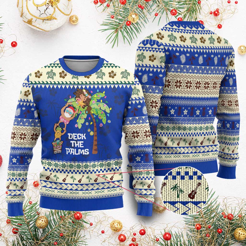 Xmas In Hawaii Ugly Christmas Sweater Deck The Palms Santa Hula Girl Tiki TS11 Blue Print Your Wear