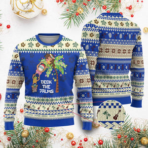 Xmas In Hawaii Ugly Christmas Sweater Deck The Palms Santa Hula Girl Tiki TS11 Blue Print Your Wear