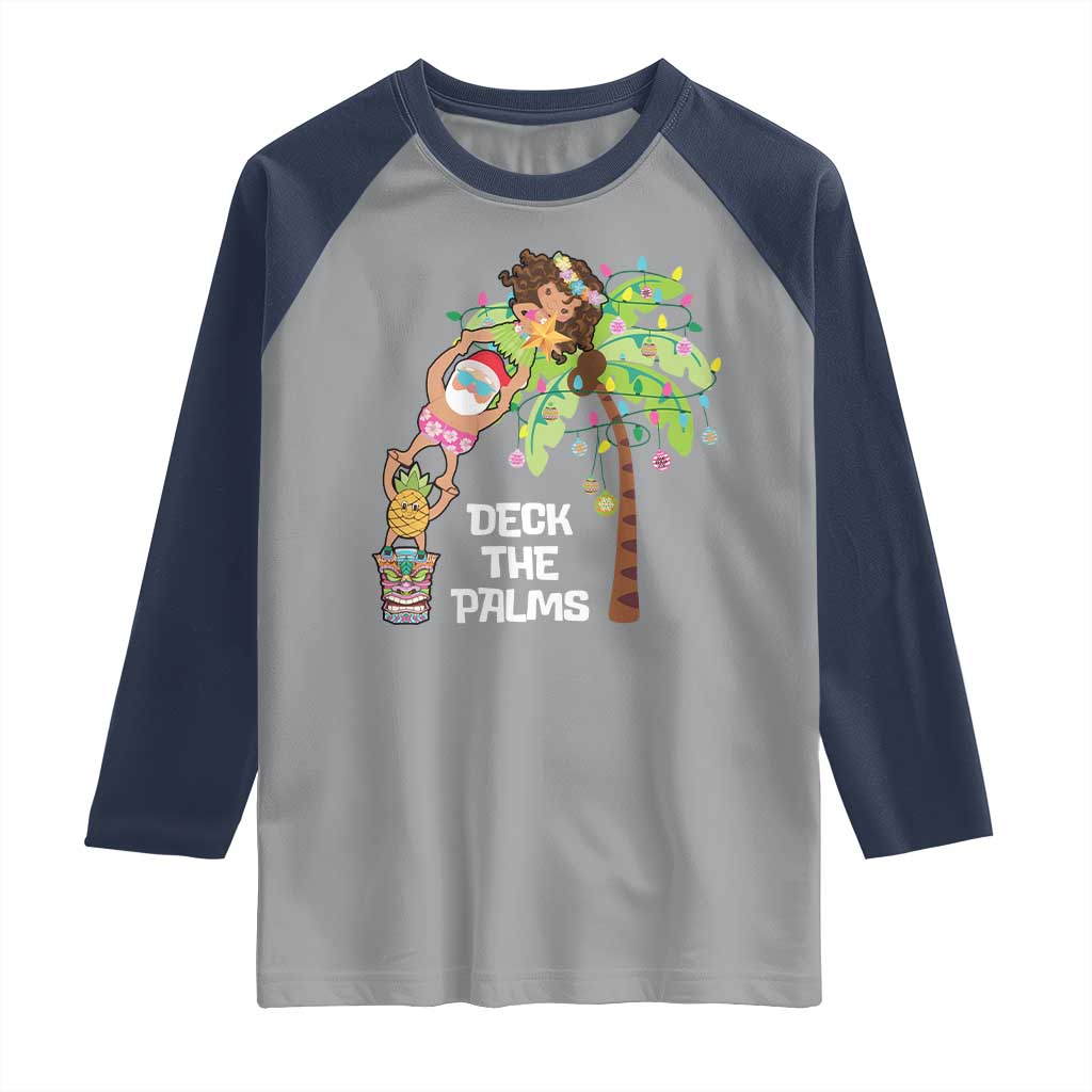 Christmas In Hawaii Raglan Shirt Deck The Palms Santa Hula Girl Tiki TS11 Sport Gray Navy Print Your Wear