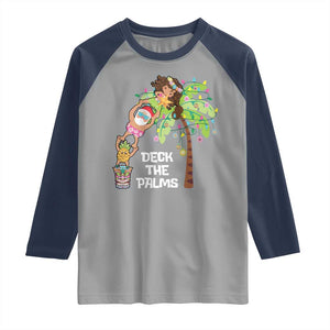 Christmas In Hawaii Raglan Shirt Deck The Palms Santa Hula Girl Tiki TS11 Sport Gray Navy Print Your Wear