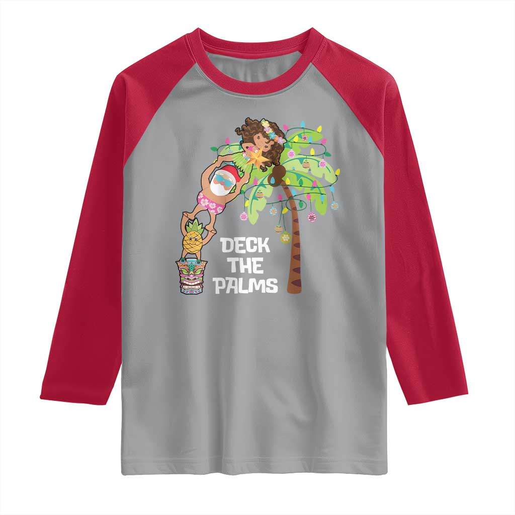 Christmas In Hawaii Raglan Shirt Deck The Palms Santa Hula Girl Tiki TS11 Sport Gray Red Print Your Wear